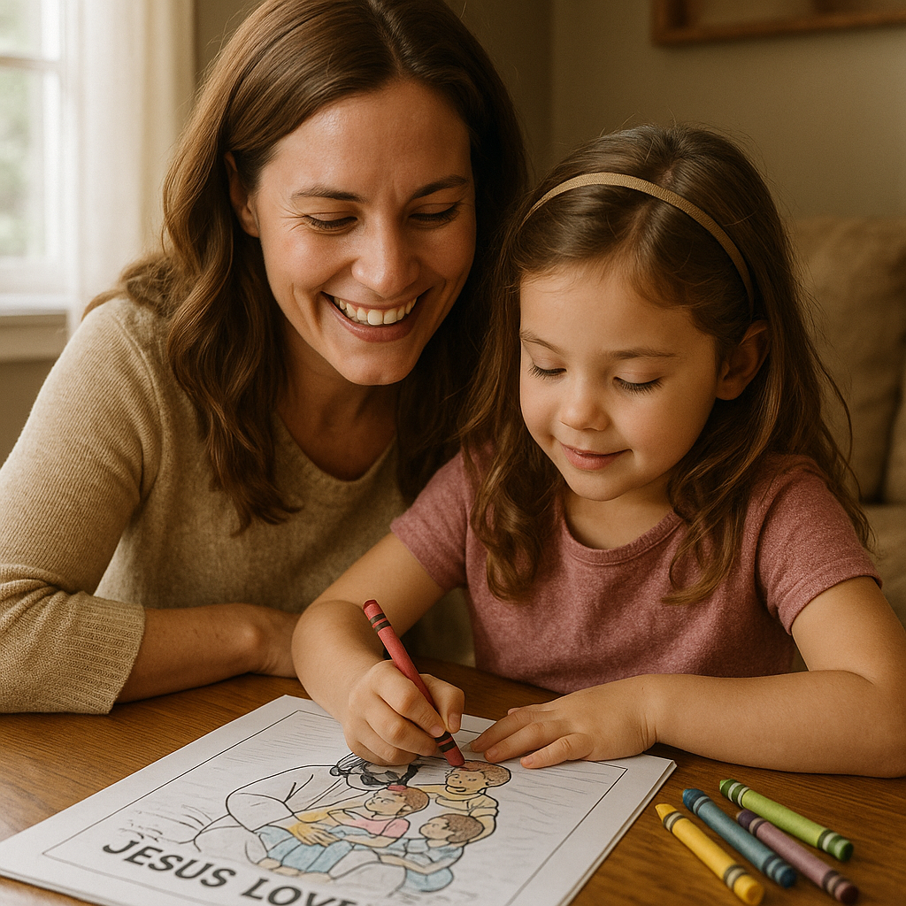 Madre e hija coloreando el devocional juntas